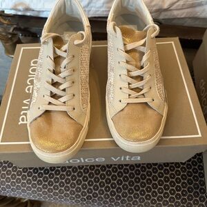 Dolce Vita Gold Sneakers with Textured Suede & Leather 7.5